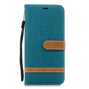 Color Matching Denim Texture Leather Case for Galaxy J4+, with Holder & Card Slots & Wallet & Lanyard(Green)