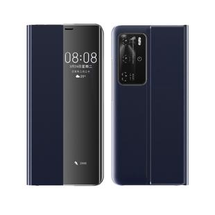 For Huawei P40 Side Window Display Comes With Hibernation/Bracket Function Plain Cloth Without Flip To Answer The Phone Case(Dark Blue)