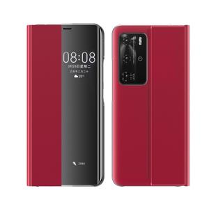 For Huawei P40 Pro Side Display Magnetic Horizontal Flip Plain Texture Cloth + PC Case with Holder & Sleep / Wake-up Function(Red)