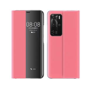 For Huawei P40 Pro Side Display Magnetic Horizontal Flip Plain Texture Cloth + PC Case with Holder & Sleep / Wake-up Function(Pink)