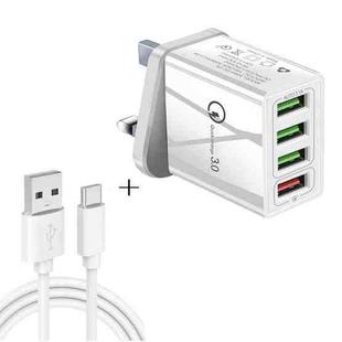 2 in 1 1m USB to USB-C / Type-C Data Cable + 30W QC 3.0 4 USB Interfaces Mobile Phone Tablet PC Universal Quick Charger Travel Charger Set, UK Plug(White)