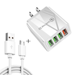 2 in 1 1m USB to Micro USB Data Cable + 30W QC 3.0 4 USB Interfaces Mobile Phone Tablet PC Universal Quick Charger Travel Charger Set, US Plug(White)