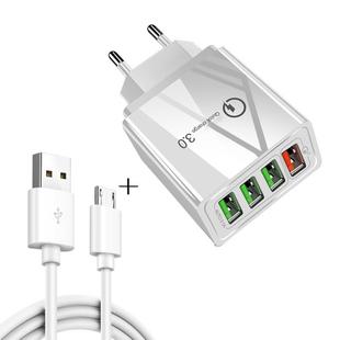 2 in 1 1m USB to Micro USB Data Cable + 30W QC 3.0 4 USB Interfaces Mobile Phone Tablet PC Universal Quick Charger Travel Charger Set, EU Plug(White)