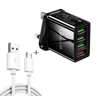 2 in 1 1m USB to Micro USB Data Cable + 30W QC 3.0 4 USB Interfaces Mobile Phone Tablet PC Universal Quick Charger Travel Charger Set, UK Plug(Black)
