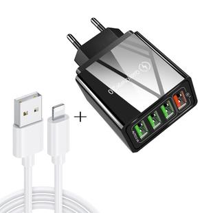 2 in 1 1m USB to 8 Pin Data Cable + 30W QC 3.0 4 USB Interfaces Mobile Phone Tablet PC Universal Quick Charger Travel Charger Set, EU Plug(Black)