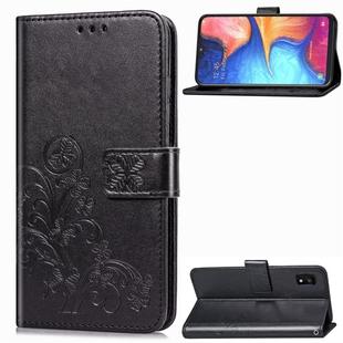 For Samsung Galaxy A10E Four-leaf Clasp Embossed Buckle Mobile Phone Protection Leather Case with Lanyard & Card Slot & Wallet & Bracket Function(Black)