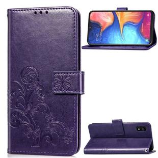 For Samsung Galaxy A10E Four-leaf Clasp Embossed Buckle Mobile Phone Protection Leather Case with Lanyard & Card Slot & Wallet & Bracket Function(Purple)
