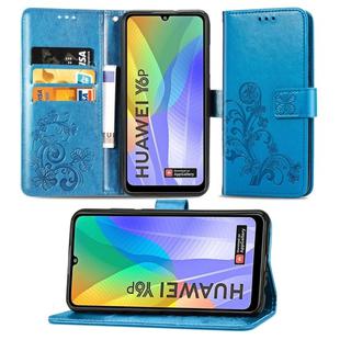 For Huawei Y6P Four-leaf Clasp Embossed Buckle Mobile Phone Protection Leather Case with Lanyard & Card Slot & Wallet & Bracket Function(Blue)