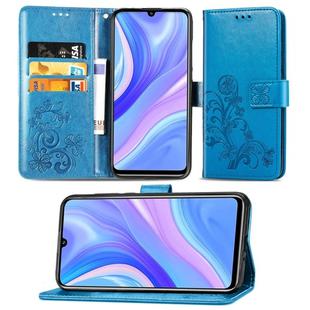 For Huawei Y8P/ Enjoy 10S Four-leaf Clasp Embossed Buckle Mobile Phone Protection Leather Case with Lanyard & Card Slot & Wallet & Bracket Function(Blue)