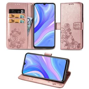 For Huawei Y8P/ Enjoy 10S Four-leaf Clasp Embossed Buckle Mobile Phone Protection Leather Case with Lanyard & Card Slot & Wallet & Bracket Function(Rose Gold)