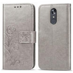 For LG Stylo 5 Four-leaf Clasp Embossed Buckle Mobile Phone Protection Leather Case with Lanyard & Card Slot & Wallet & Bracket Function(Gray)