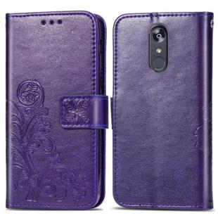 For LG Stylo 5 Four-leaf Clasp Embossed Buckle Mobile Phone Protection Leather Case with Lanyard & Card Slot & Wallet & Bracket Function(Purple)