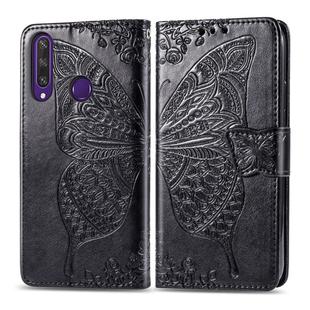 For Huawei Y6P Butterfly Love Flower Embossed Horizontal Flip Leather Case with Bracket / Card Slot / Wallet / Lanyard(Black)