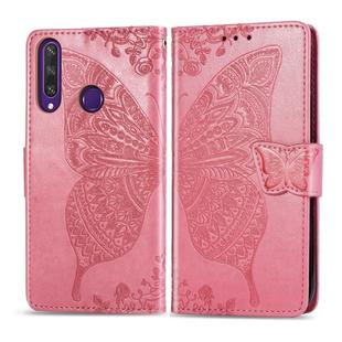 For Huawei Y6P Butterfly Love Flower Embossed Horizontal Flip Leather Case with Bracket / Card Slot / Wallet / Lanyard(Pink)