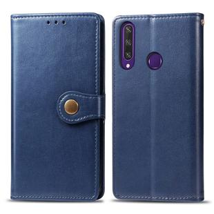 For Huawei Y6P Retro Solid Color Leather Buckle Phone Case with Lanyard & Photo Frame & Card Slot & Wallet & Stand Function(Blue)