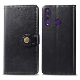 For Huawei Y6P Retro Solid Color Leather Buckle Phone Case with Lanyard & Photo Frame & Card Slot & Wallet & Stand Function(Black)