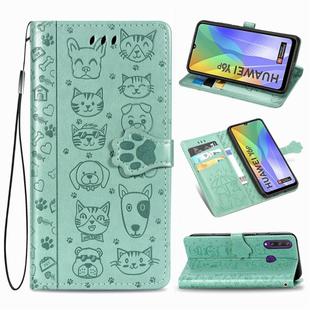 For Huawei Y8P/ Enjoy 10S Cute Cat and Dog Embossed Horizontal Flip Leather Case with Bracket / Card Slot / Wallet / Lanyard(Green)