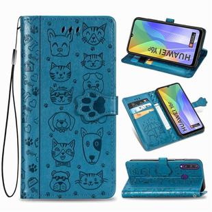 For Huawei Y8P/ Enjoy 10S Cute Cat and Dog Embossed Horizontal Flip Leather Case with Bracket / Card Slot / Wallet / Lanyard(Blue)