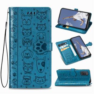 For OPPO A52/A72/A92 Cute Cat and Dog Embossed Horizontal Flip Leather Case with Bracket / Card Slot / Wallet / Lanyard(Blue)