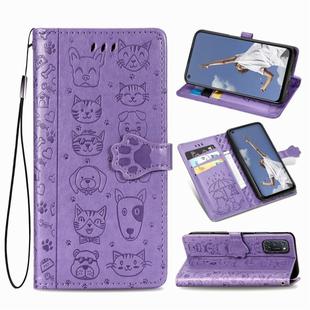 For OPPO A52/A72/A92 Cute Cat and Dog Embossed Horizontal Flip Leather Case with Bracket / Card Slot / Wallet / Lanyard(Purple)