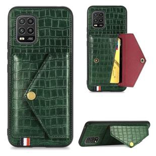 For Xiaomi Mi 10 Lite 5G Crocodile Pattern PU+TPU+PVC Shatter-resistant Mobile Phone Case with Magnetic Invisible Holder & Holder & Card Slots(Blackish Green)