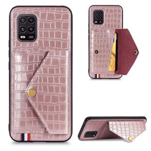 For Xiaomi Mi 10 Lite 5G Crocodile Pattern PU+TPU+PVC Shatter-resistant Mobile Phone Case with Magnetic Invisible Holder & Holder & Card Slots(Rose Gold)