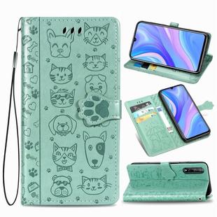 For Huawei Y8P / Enjoy 10s Lovely Cat and Dog Embossing Pattern Horizontal Flip Leather Case , with Holder & Card Slots & Wallet & Cartoon Clasp & Lanyard(Green)