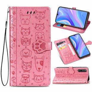 For Huawei Y8P / Enjoy 10s Lovely Cat and Dog Embossing Pattern Horizontal Flip Leather Case , with Holder & Card Slots & Wallet & Cartoon Clasp & Lanyard(Pink)