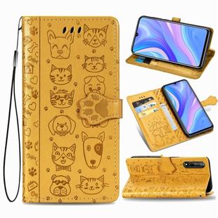 For Huawei Y8P / Enjoy 10s Lovely Cat and Dog Embossing Pattern Horizontal Flip Leather Case , with Holder & Card Slots & Wallet & Cartoon Clasp & Lanyard(Yellow)