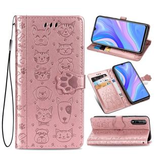 For Huawei Y8P / Enjoy 10s Lovely Cat and Dog Embossing Pattern Horizontal Flip Leather Case , with Holder & Card Slots & Wallet & Cartoon Clasp & Lanyard(Rose Gold)