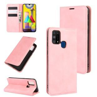 For Samsung Galaxy M31 Retro-skin Business Magnetic Suction Leather Case with Holder & Card Slots & Wallet(Pink)
