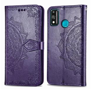 For Huawei Honor 9X Lite Halfway Mandala Embossing Pattern Horizontal Flip Leather Case with Holder & Card Slots & Wallet & Photo Frame & Lanyard(Purple)