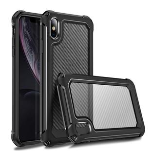 For iPhone XR Transparent Carbon Fiber Texture Rugged Full Body TPU+PC Scratch-Resistant Shockproof Case(Black)