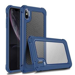 For iPhone XS Max Transparent Carbon Fiber Texture Rugged Full Body TPU+PC Scratch-Resistant Shockproof Case(Blue)