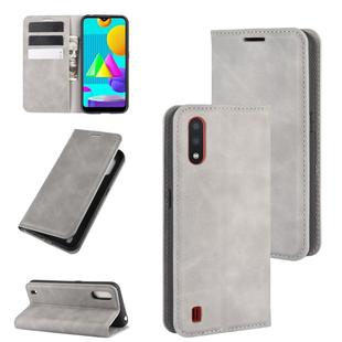 For Samsung Galaxy M01 Retro-skin Business Magnetic Suction Leather Case with Holder & Card Slots & Wallet(Grey)