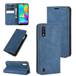 For Samsung Galaxy M01 Retro-skin Business Magnetic Suction Leather Case with Holder & Card Slots & Wallet(Dark Blue)