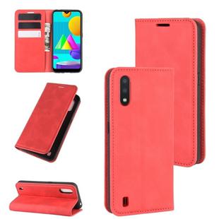 For Samsung Galaxy M01 Retro-skin Business Magnetic Suction Leather Case with Holder & Card Slots & Wallet(Red)
