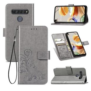 For LG K61 Four-leaf Clasp Embossed Buckle Mobile Phone Protection Leather Case with Lanyard & Card Slot & Wallet & Bracket Function(Gray)