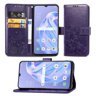 For OPPO  Reno 3A Four-leaf Clasp Embossed Buckle Mobile Phone Protection Leather Case with Lanyard & Card Slot & Wallet & Bracket Function(Purple)