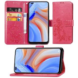 For OPPO Reno4 Four-leaf Clasp Embossed Buckle Mobile Phone Protection Leather Case with Lanyard & Card Slot & Wallet & Bracket Function(Magenta)