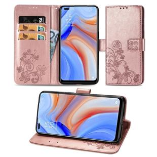 For OPPO Reno4 Four-leaf Clasp Embossed Buckle Mobile Phone Protection Leather Case with Lanyard & Card Slot & Wallet & Bracket Function(Rose Gold)