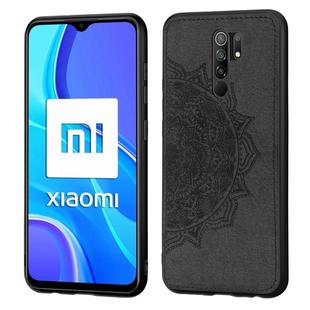 For Xiaomi Redmi 9 Mandala Embossed Cloth Cover PC + TPU Mobile Phone Case with Magnetic Function and Hand Strap(Black)