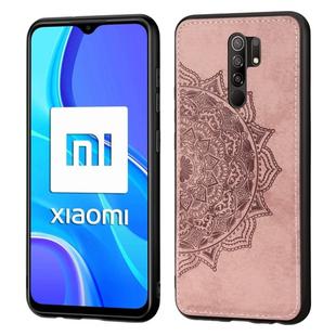 For Xiaomi Redmi 9 Mandala Embossed Cloth Cover PC + TPU Mobile Phone Case with Magnetic Function and Hand Strap(Rose Gold)