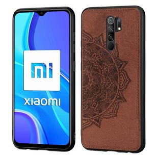 For Xiaomi Redmi 9 Mandala Embossed Cloth Cover PC + TPU Mobile Phone Case with Magnetic Function and Hand Strap(Brown)
