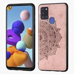 For Samsung Galaxy A21s Mandala Embossed Cloth Cover PC + TPU Mobile Phone Case with Magnetic Function and Hand Strap(Rose Gold)