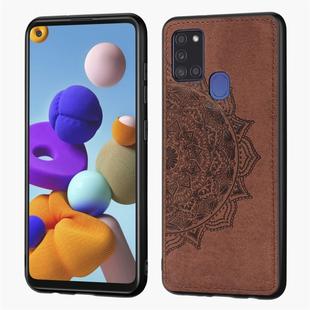 For Samsung Galaxy A21s Mandala Embossed Cloth Cover PC + TPU Mobile Phone Case with Magnetic Function and Hand Strap(Brown)