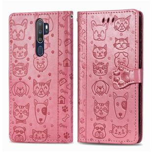 For OPPO A5 (2020) / A9 (2020) Cute Cat and Dog Embossed Horizontal Flip Leather Case with Holder & Card Slots & Wallet & Cartoon Clasp & Lanyard(Pink)