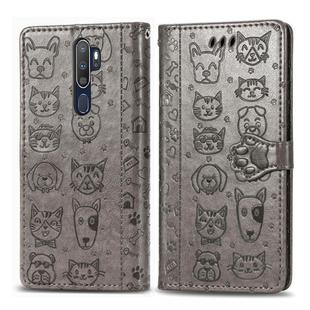 For OPPO A5 (2020) / A9 (2020) Cute Cat and Dog Embossed Horizontal Flip Leather Case with Holder & Card Slots & Wallet & Cartoon Clasp & Lanyard(Gray)