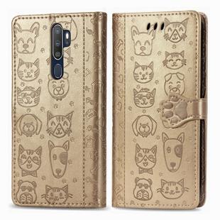 For OPPO A5 (2020) / A9 (2020) Cute Cat and Dog Embossed Horizontal Flip Leather Case with Holder & Card Slots & Wallet & Cartoon Clasp & Lanyard(Gold)