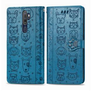 For OPPO A5 (2020) / A9 (2020) Cute Cat and Dog Embossed Horizontal Flip Leather Case with Holder & Card Slots & Wallet & Cartoon Clasp & Lanyard(Blue)